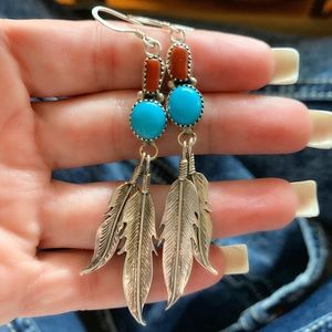 🔥SOLD 925 Turquoise Coral Feather Drop Earrings